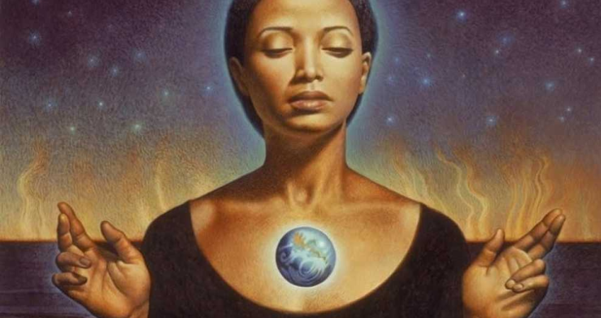 The image is taken from the book cover of "Parable of the Sower", a 1993 speculative fiction novel by American writer Octavia E. Butler. The image depicts a black woman with her hands raised, a glowing orb seemingly suspended between them.